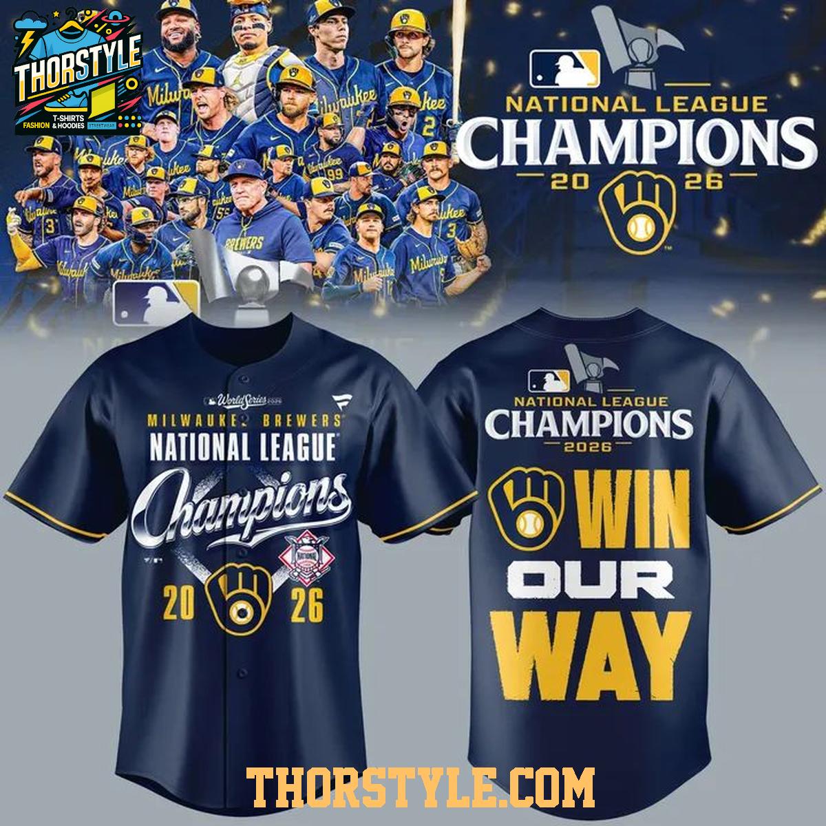 Milwaukee Brewers x National League Champions 2026 Win Our Way Baseball Jersey Milwaukee Brewers x National League Champions 2026 Win Our Way Baseball Jersey