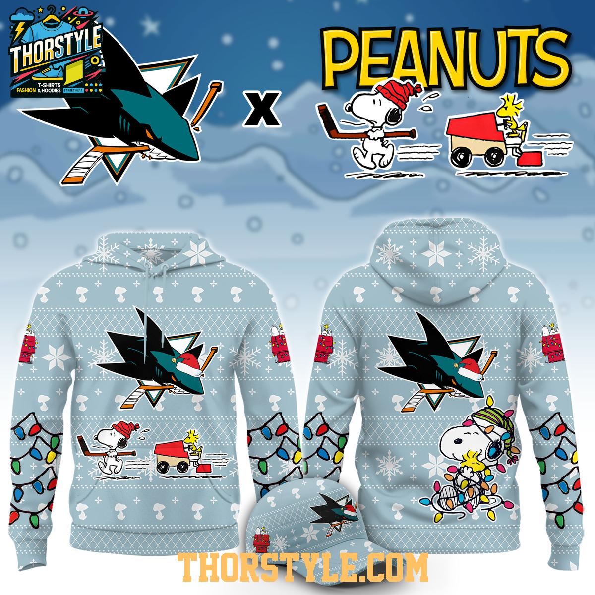 San Jose Sharks x Peanuts 2026 Snoopy Christmas Night Hoodie Shirts San Jose Sharks x Peanuts 2026 Snoopy Christmas Night Hoodie Shirts